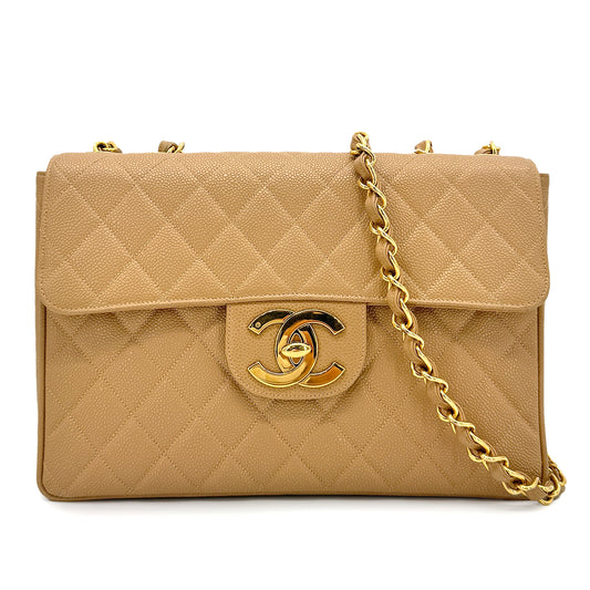 CHANEL VINTAGE JUMBO MATELASSE 30 CHAIN SHOULDER BAG BEIGE CAVIAR SKIN 90275905