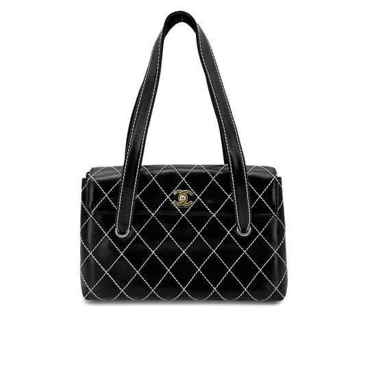 CHANEL VINTAGE WILD STITCH SHOULDER BAG BLACK LEATHER 90276256