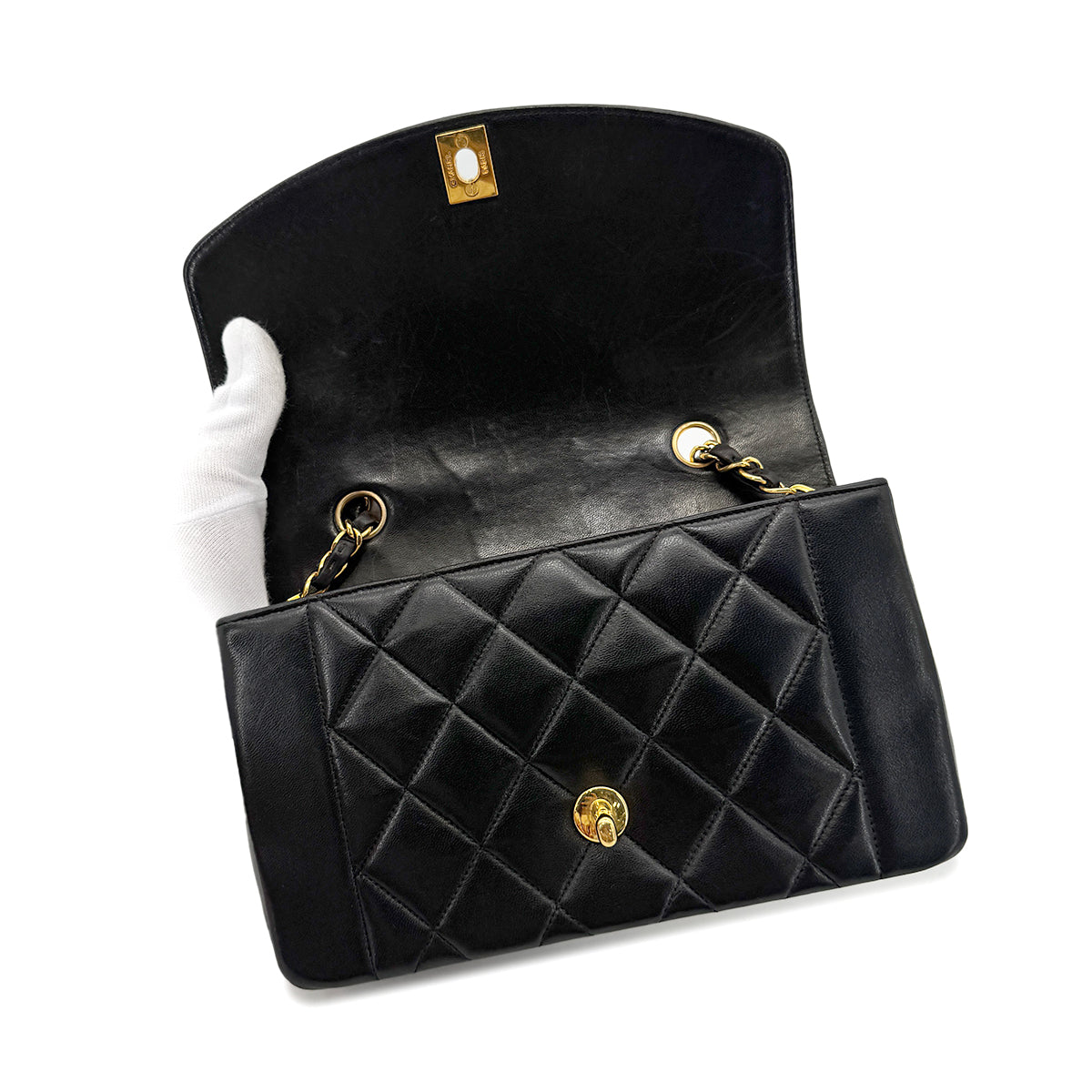 CHANEL VINTAGE DIANA SMALL CHAIN SHOULDER BAG BLACK LAMB SKIN 90276343