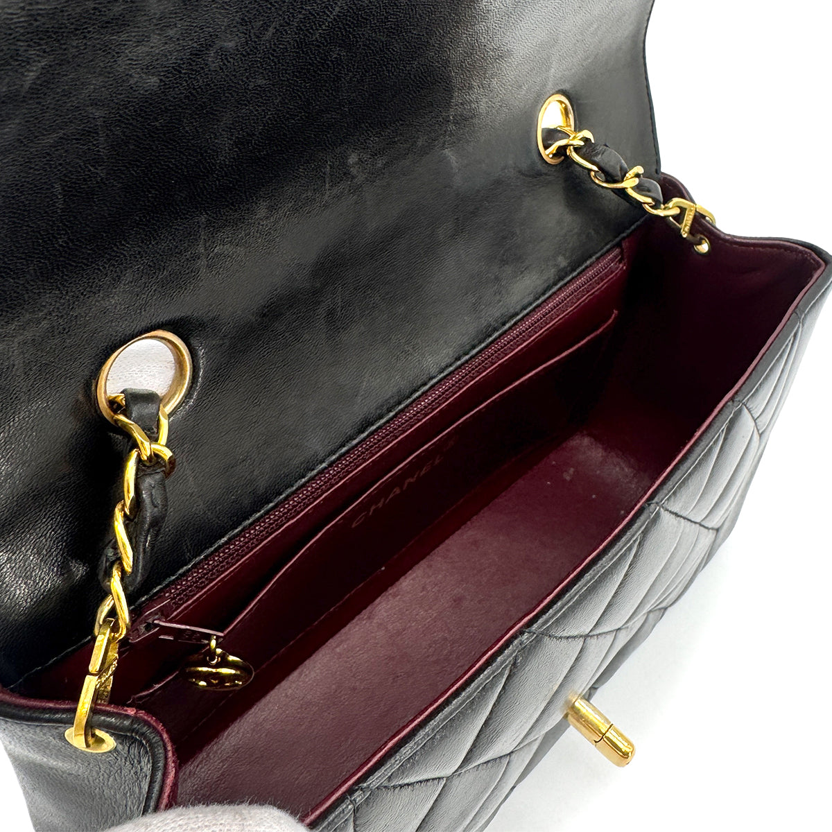 CHANEL VINTAGE DIANA SMALL CHAIN SHOULDER BAG BLACK LAMB SKIN 90276343