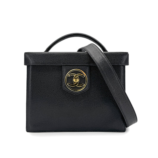 CHANEL VINTAGE TURN LOCK 2WAY VANITY HAND SHOULDER  BAG BLACK CAVIAR SKIN 90276344