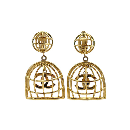 CHANEL VINTAGE EARRINGS COCOMARK BIRDCAGE SWING ACCESSORY GOLD 90276352