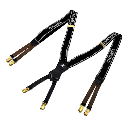 CHANEL VINTAGE SUSPENDER LOGO BLACK WHITE CANVAS LEATHER 90276359