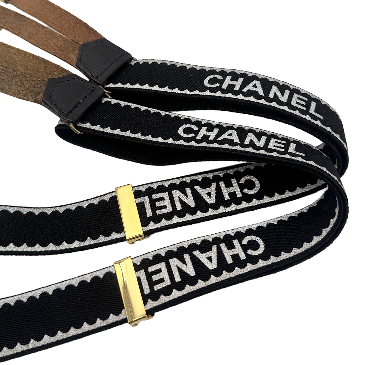 CHANEL VINTAGE SUSPENDER LOGO BLACK WHITE CANVAS LEATHER 90276359