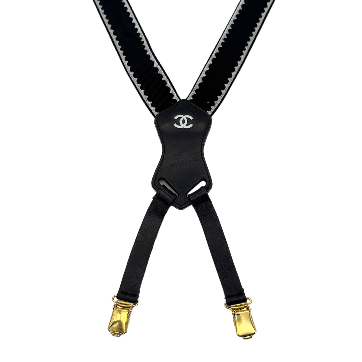 CHANEL VINTAGE SUSPENDER LOGO BLACK WHITE CANVAS LEATHER 90276359