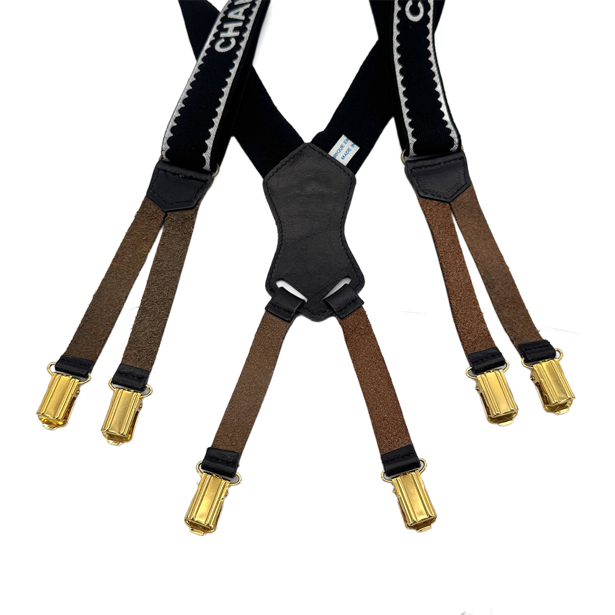 CHANEL VINTAGE SUSPENDER LOGO BLACK WHITE CANVAS LEATHER 90276359