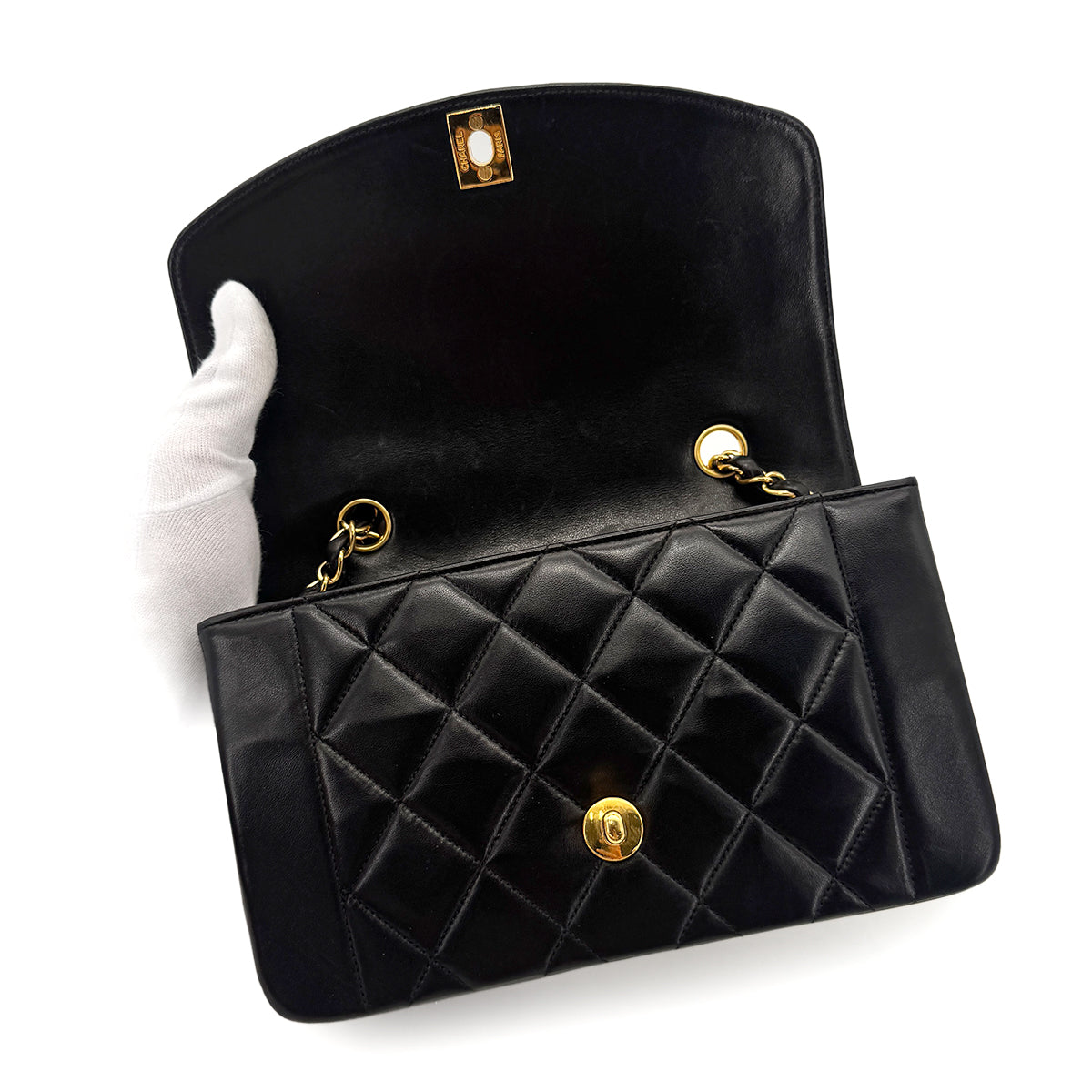 CHANEL VINTAGE DIANA SMALL CHAIN SHOULDER BAG BLACK LAMB SKIN 90276363