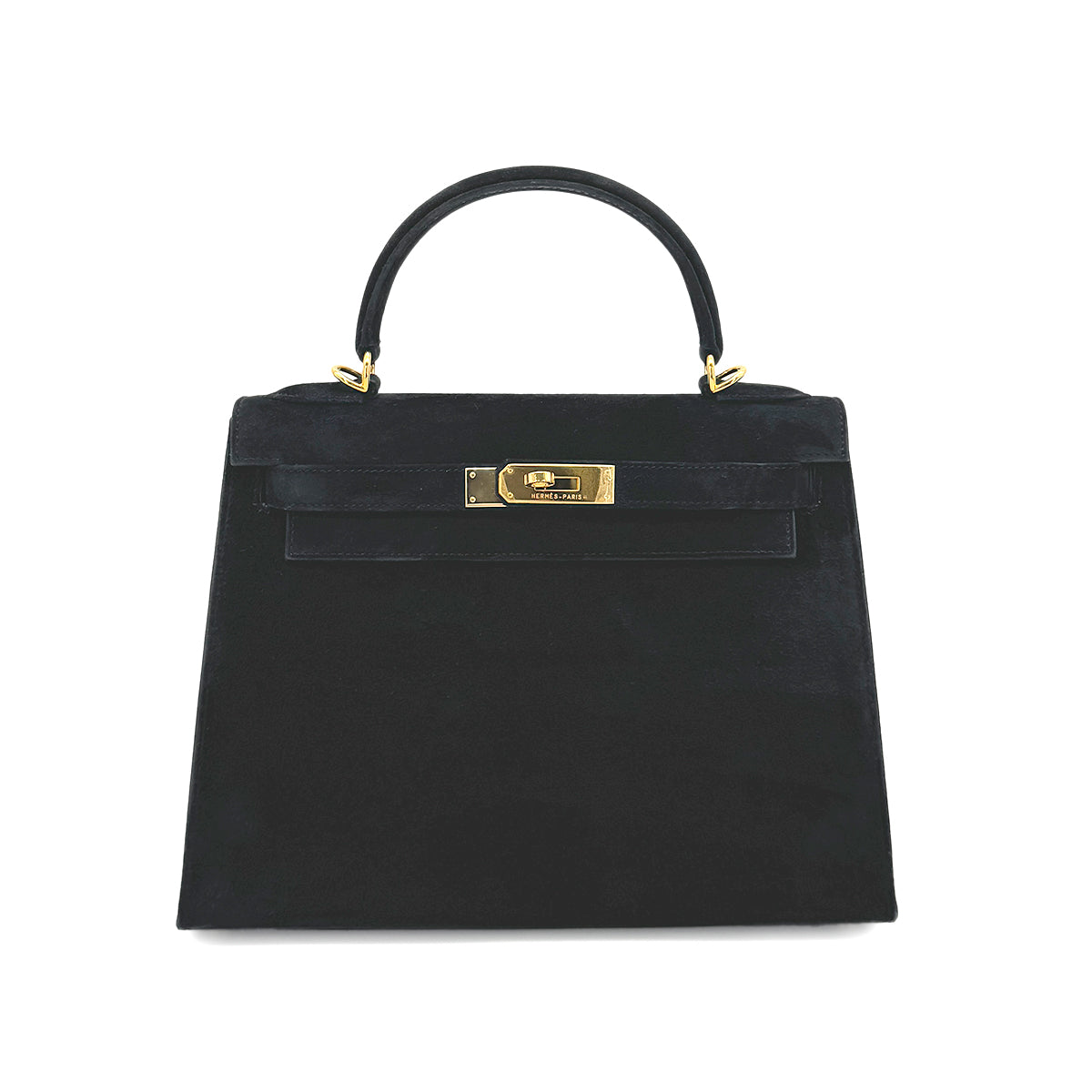 HERMES KELLY 28 BLACK SWEDE HAND SHOULDER BAG □J GHW 90276368