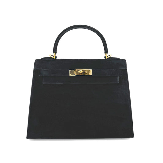 HERMES KELLY 28 BLACK SWEDE HAND SHOULDER BAG □J GHW 90276368