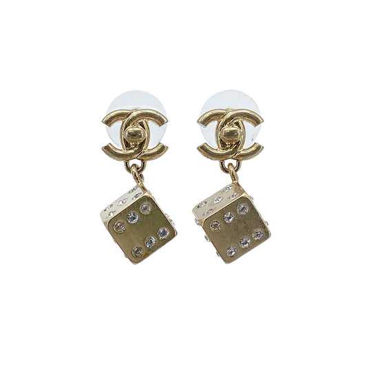 CHANEL EARRINGS TURN LOCK DICE RHINESTONE GOLD ACCESSORY B21P 90276376