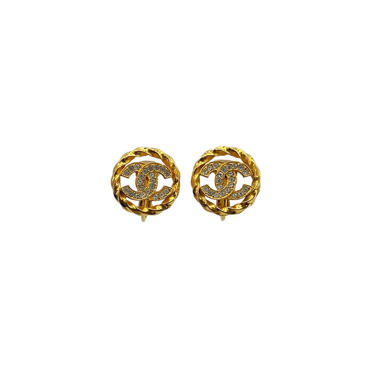 CHANEL VINTAGE EARRINGS COCOMARK RHINESTONE CIRCLE GOLD ACCESSORY 90276378
