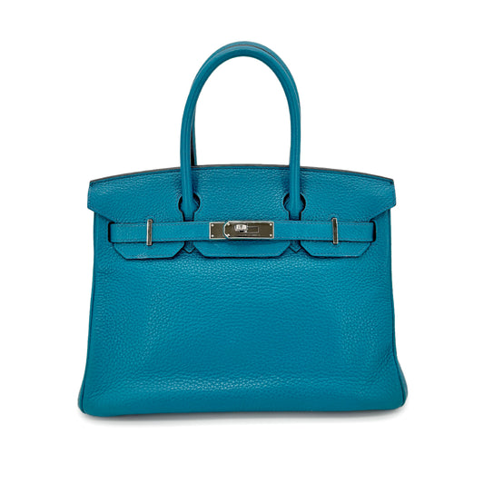 HERMES BIRKIN 30 TURQUOISE MYKONOS TAURILLON CLEMENCE HAND BAG □Q SHW 90276398