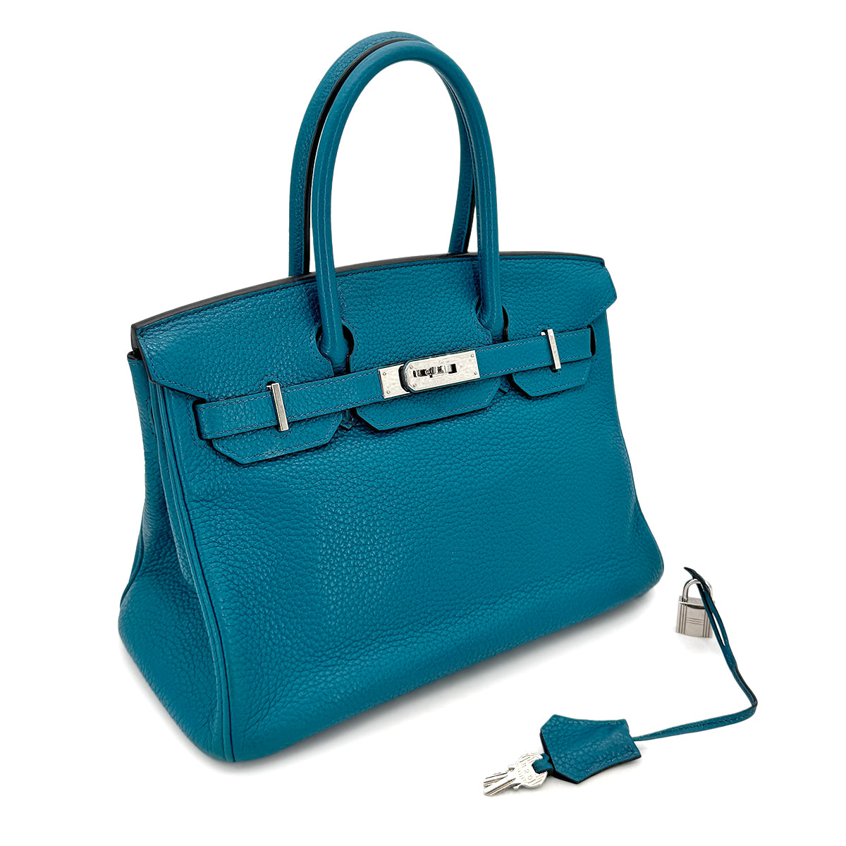 HERMES BIRKIN 30 TURQUOISE MYKONOS TAURILLON CLEMENCE HAND BAG □Q SHW 90276398