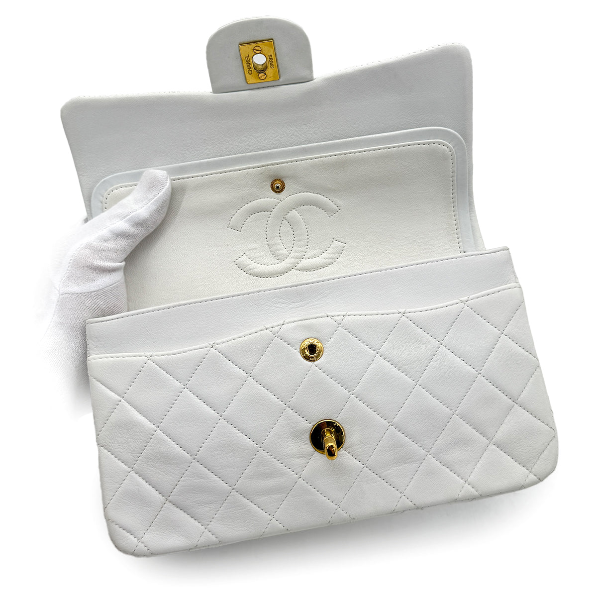 CHANEL VINTAGE CLASSIC FLAP SMALL CHAIN SHOULDER BAG WHITE LAMB SKIN 90276400
