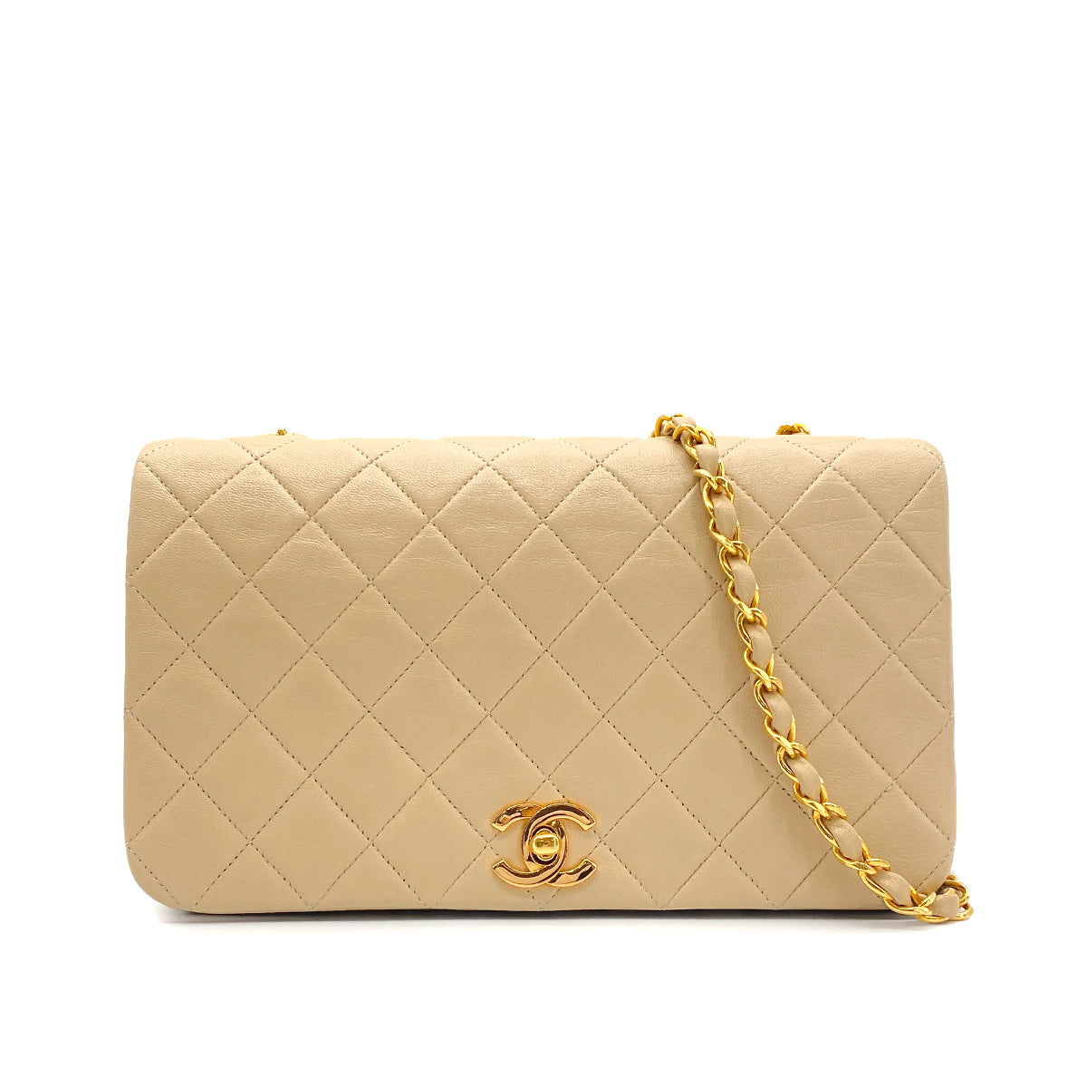 CHANEL VINTAGE FULL FLAP CHAIN SHOULDER BAG BEIGE LAMB SKIN 90276401