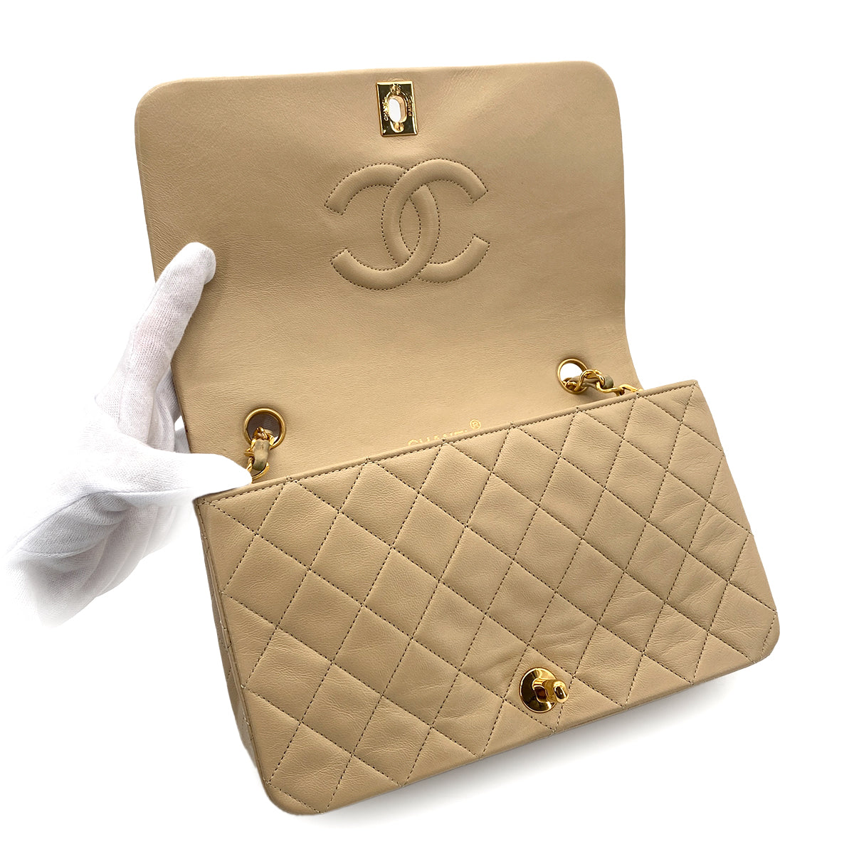 CHANEL VINTAGE FULL FLAP CHAIN SHOULDER BAG BEIGE LAMB SKIN 90276401