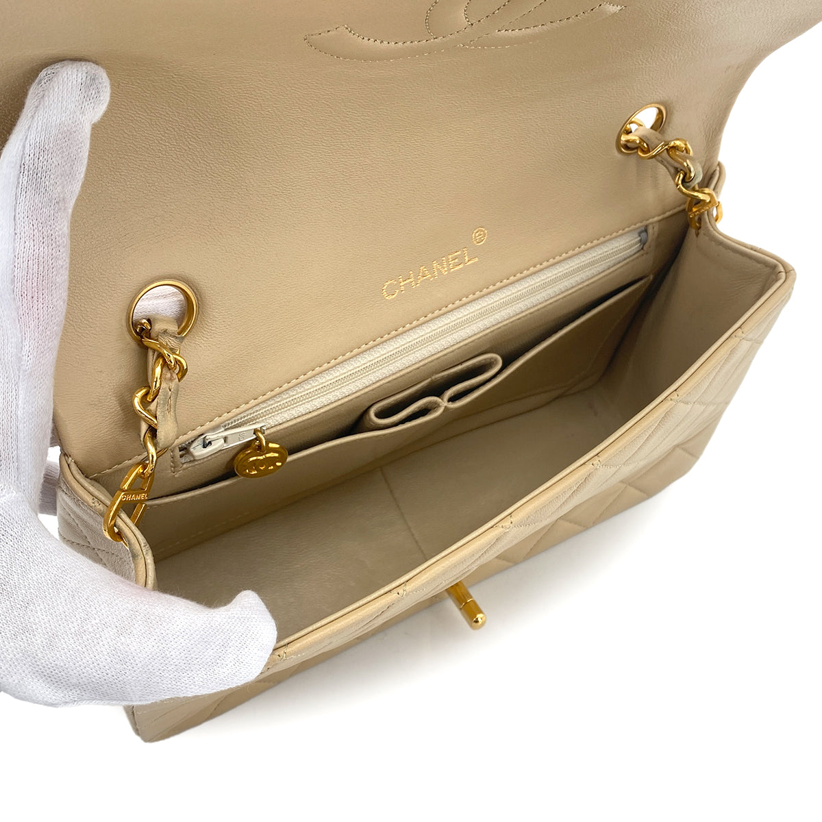 CHANEL VINTAGE FULL FLAP CHAIN SHOULDER BAG BEIGE LAMB SKIN 90276401