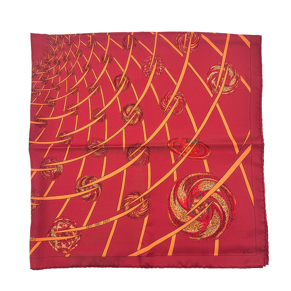 HERMES CARRE90 LES FEUC DE L'ESPACE MICHEL DUCHENE RED ORANGE SILK 90276723