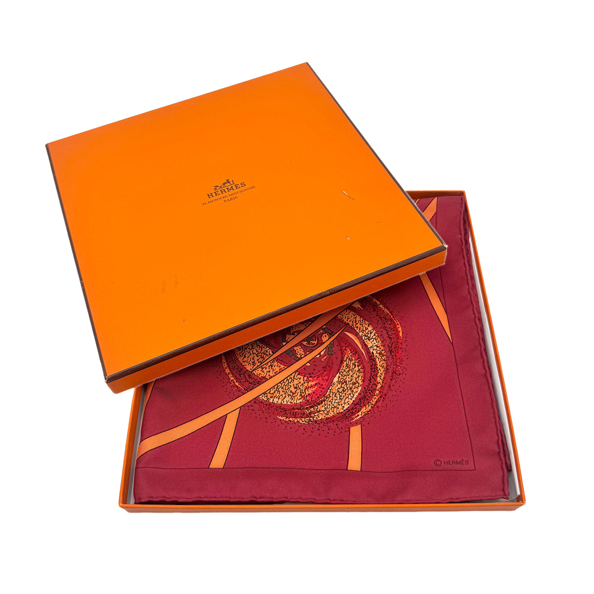 HERMES CARRE90 LES FEUC DE L'ESPACE MICHEL DUCHENE RED ORANGE SILK 90276723