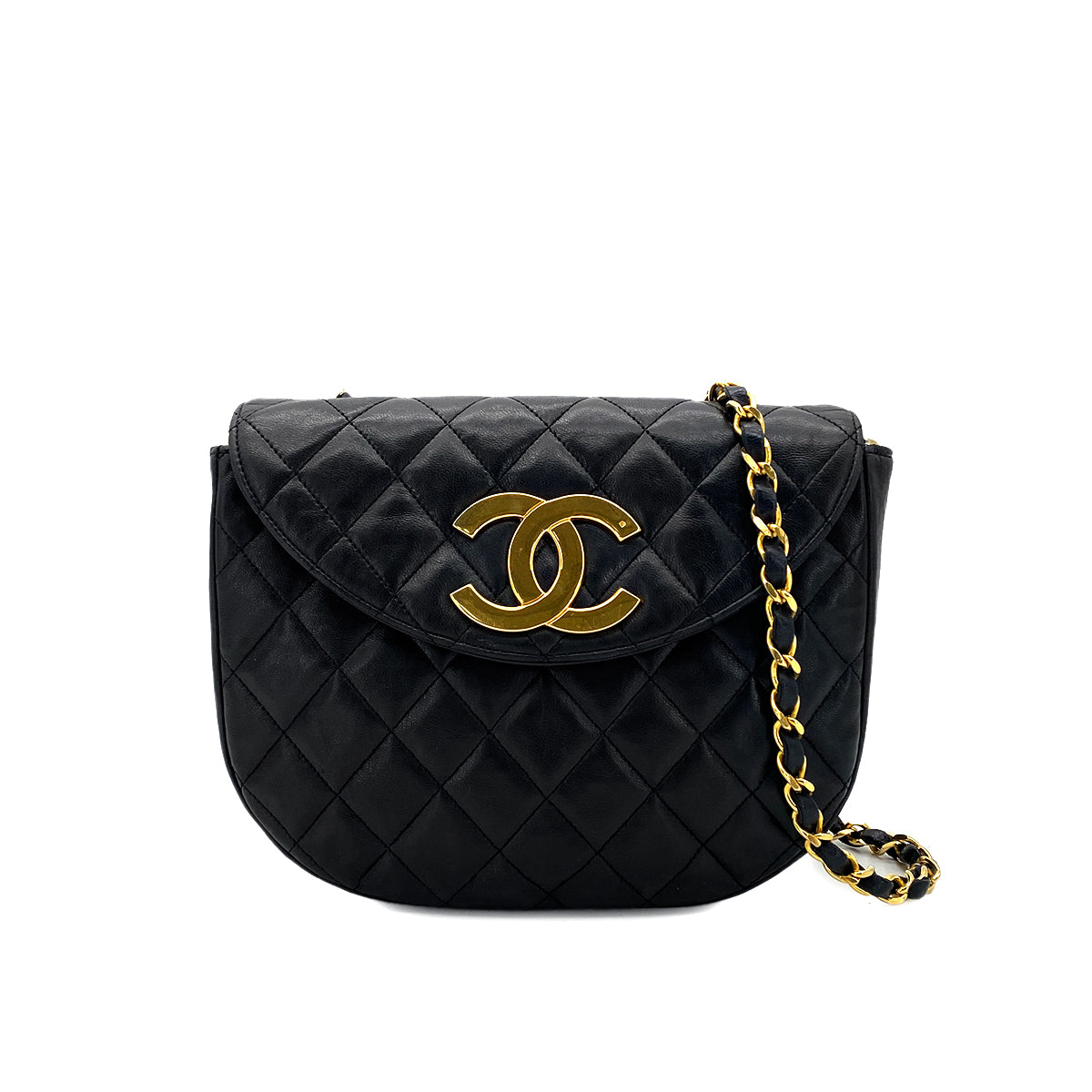 CHANEL VINTAGE BIG COCO HALF MOON CHAIN SHOULDER BAG BLACK LAMB SKIN 90276749