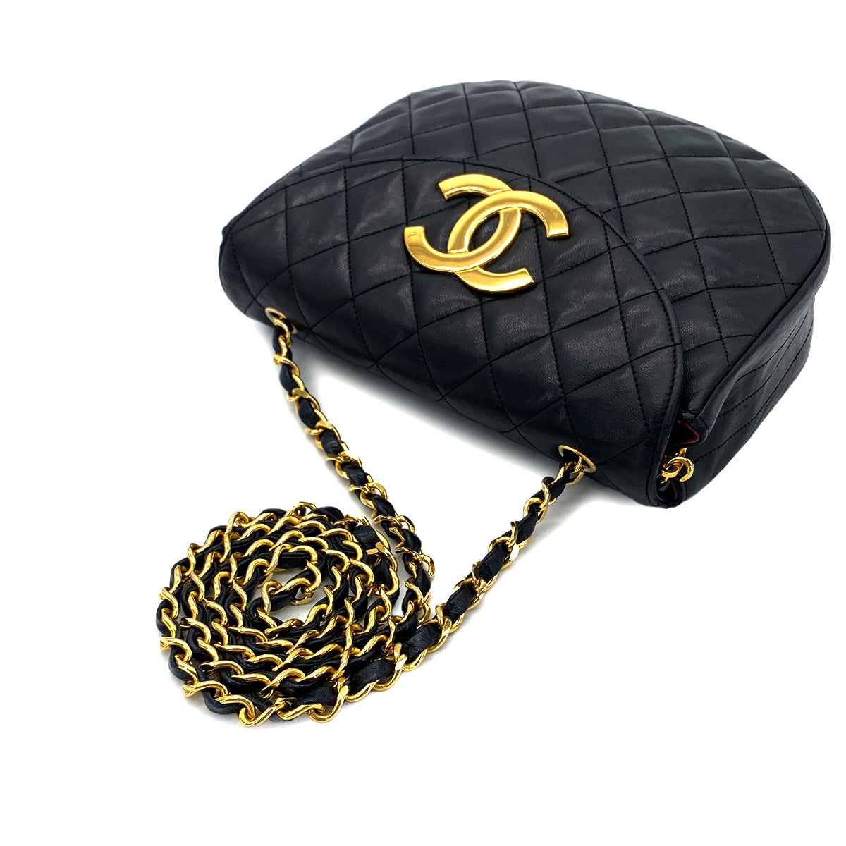 CHANEL VINTAGE BIG COCO HALF MOON CHAIN SHOULDER BAG BLACK LAMB SKIN 90276749