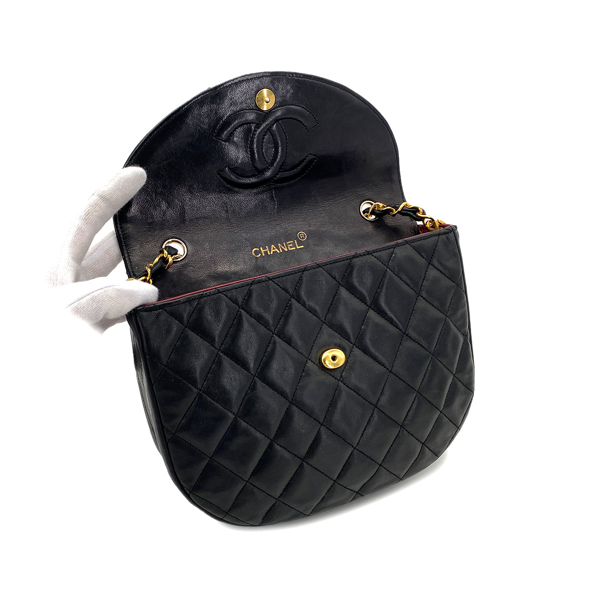 CHANEL VINTAGE BIG COCO HALF MOON CHAIN SHOULDER BAG BLACK LAMB SKIN 90276749