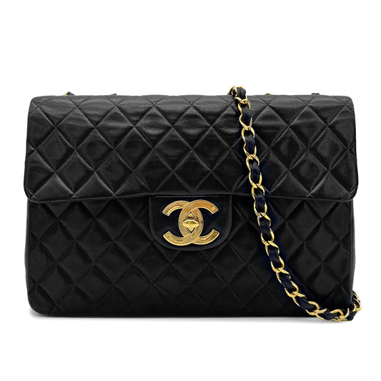 CHANEL VINTAGE MAXI MATELASSE 34 CHAIN SHOULDER BAG BLACK LAMB SKIN 90276753