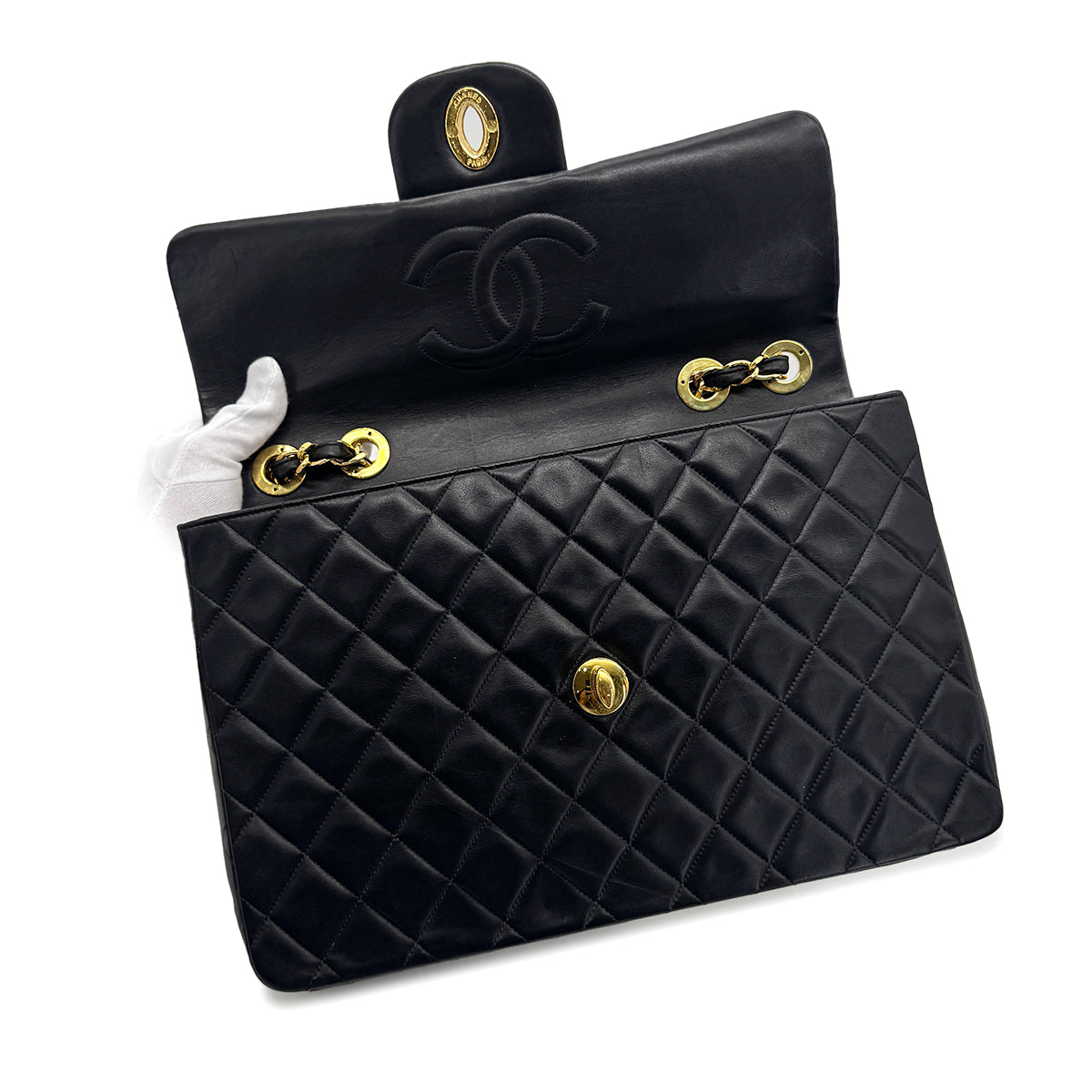 CHANEL VINTAGE MAXI MATELASSE 34 CHAIN SHOULDER BAG BLACK LAMB SKIN 90276753