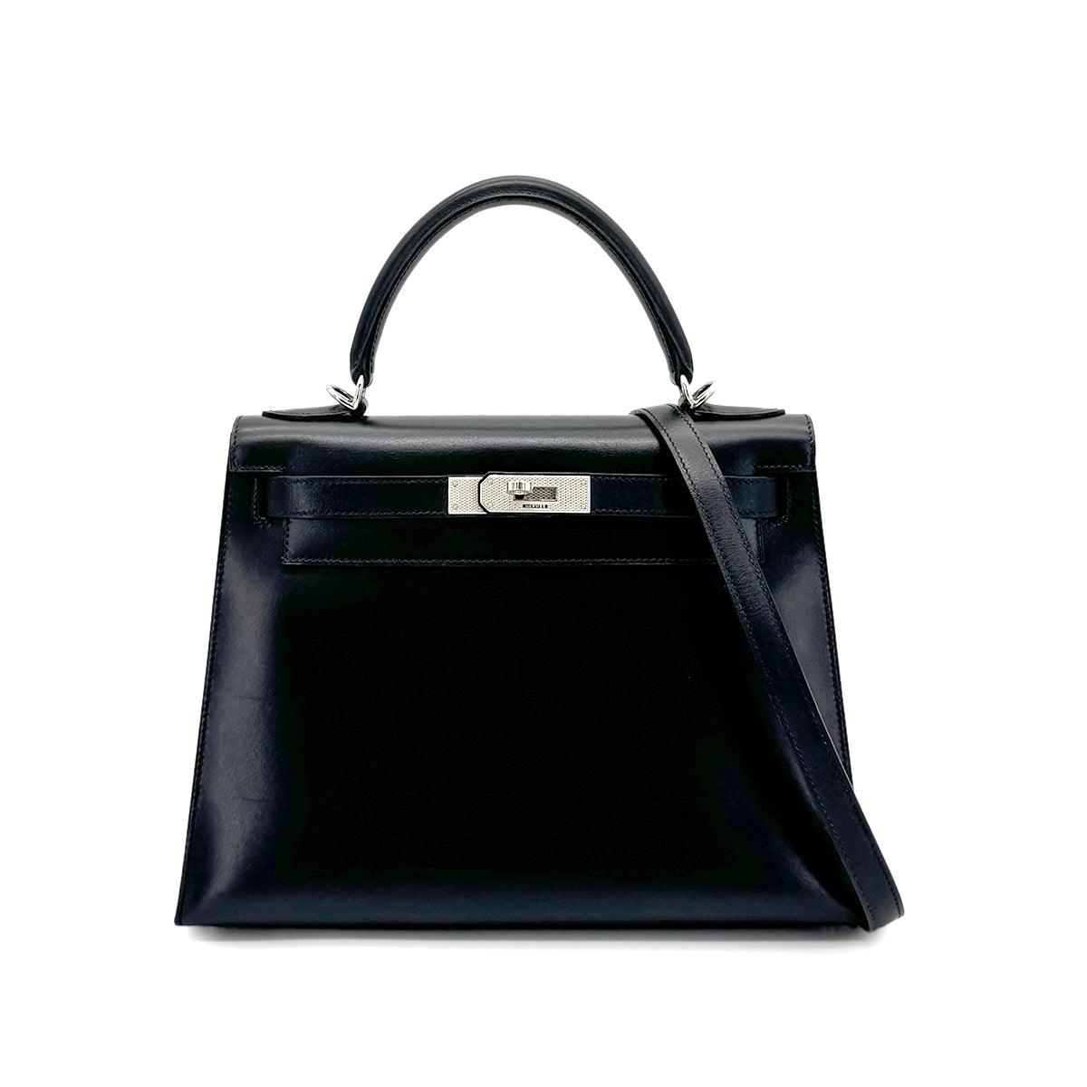 HERMES KELLY 28 SELLIER GUILLOCHE  BLACK BOXCALF HAND SHOULDER BAG  □G 90276766