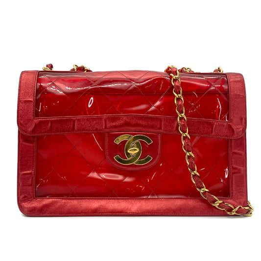 CHANEL VINTAGE BIG COCO CLEAR CHAIN SHOULDER BAG RED VINYL LEATHER 90277070
