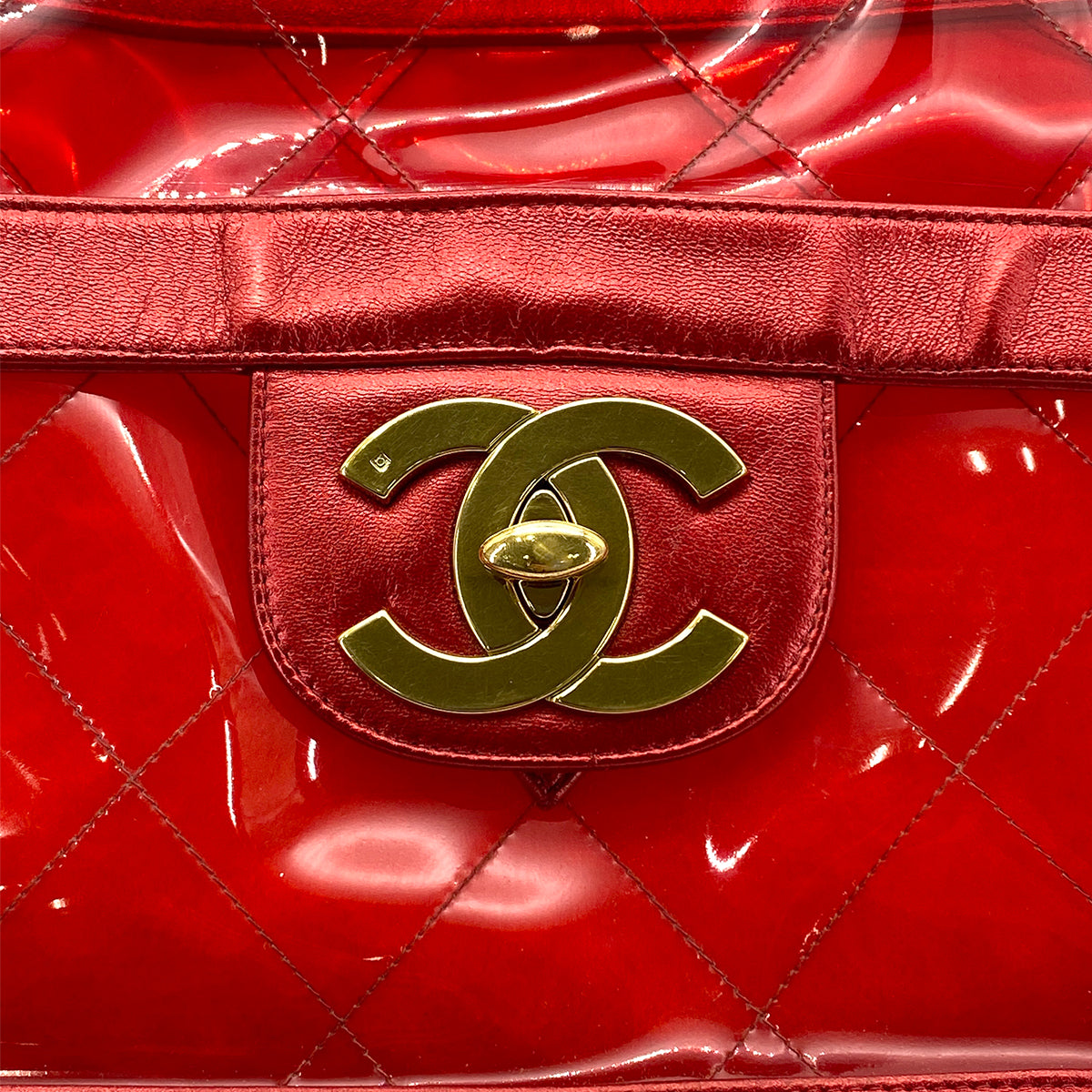 CHANEL VINTAGE BIG COCO CLEAR CHAIN SHOULDER BAG RED VINYL LEATHER 90277070