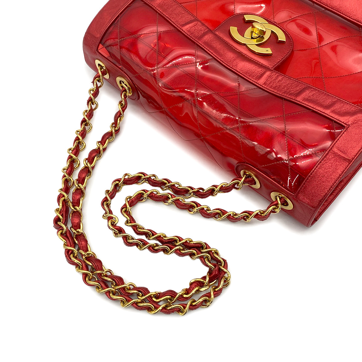 CHANEL VINTAGE BIG COCO CLEAR CHAIN SHOULDER BAG RED VINYL LEATHER 90277070