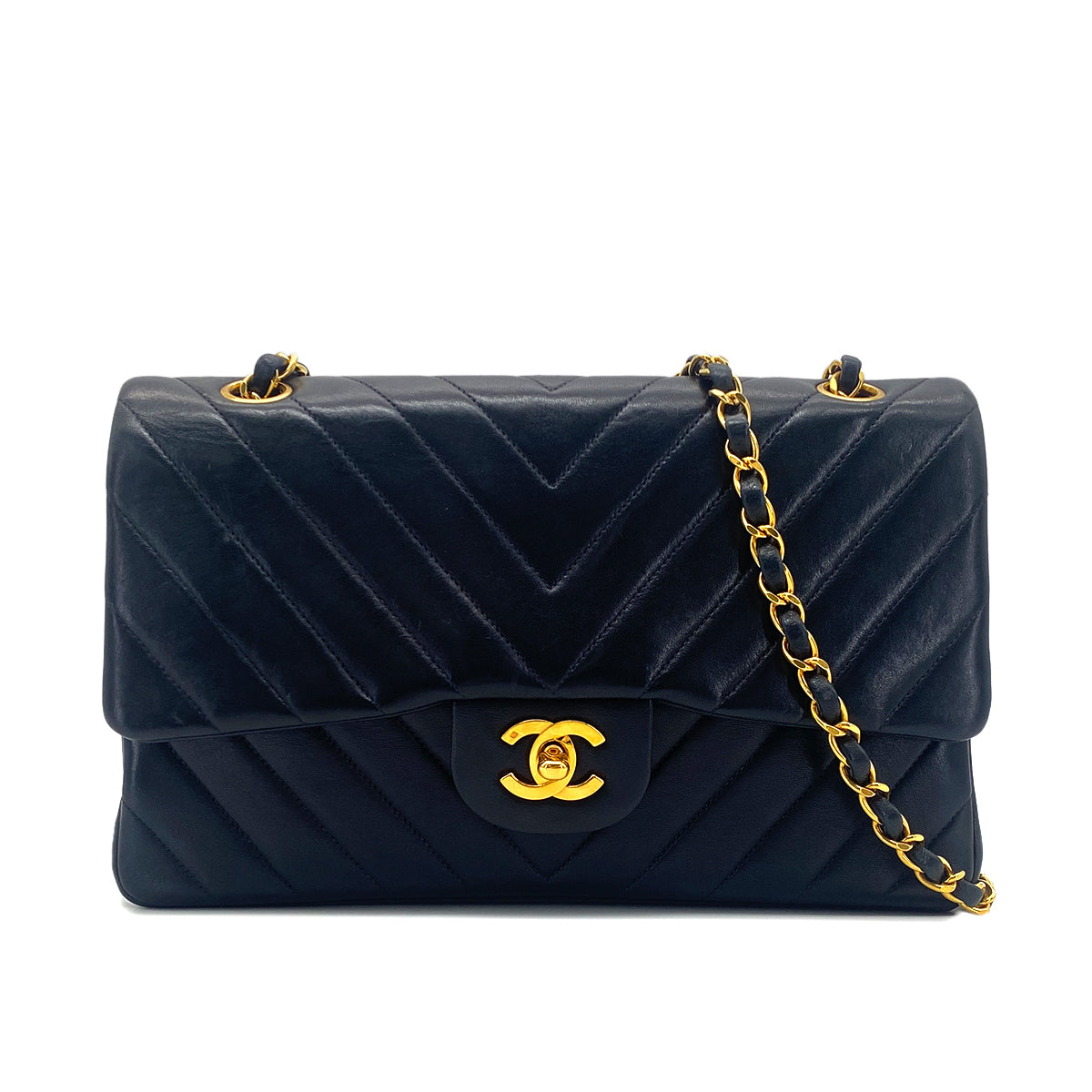 CHANEL VINTAGE CHEVRON CHAIN SHOULDER BAG NAVY LAMB SKIN 90277072