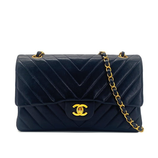 CHANEL VINTAGE CHEVRON CHAIN SHOULDER BAG NAVY LAMB SKIN 90277072