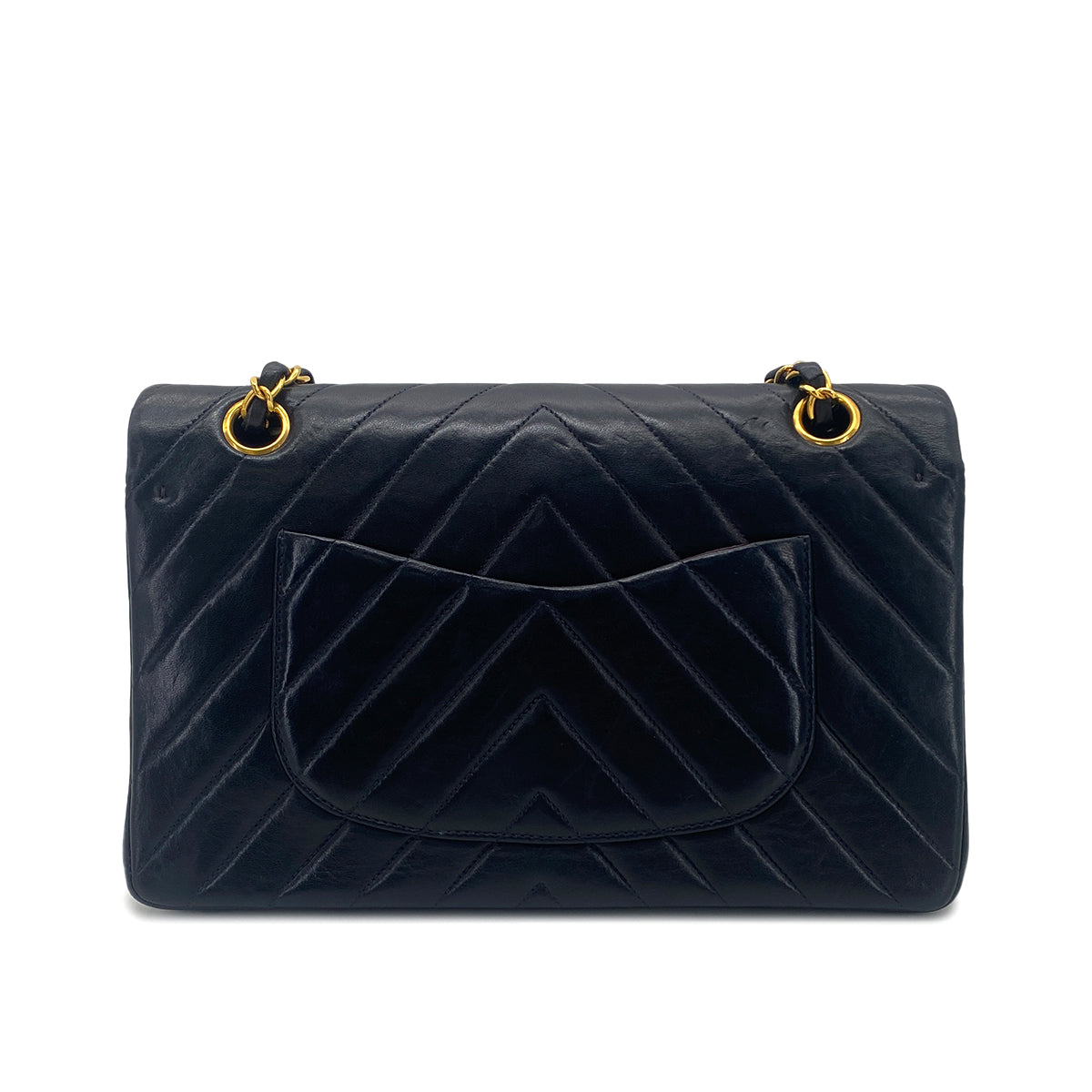 CHANEL VINTAGE CHEVRON CHAIN SHOULDER BAG NAVY LAMB SKIN 90277072