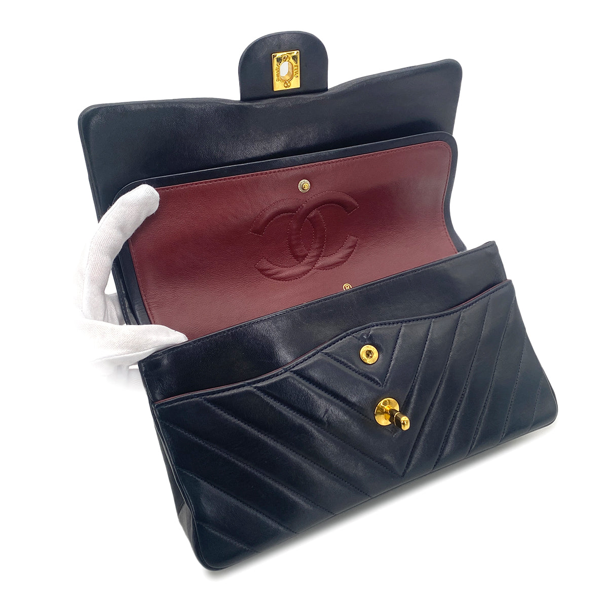 CHANEL VINTAGE CHEVRON CHAIN SHOULDER BAG NAVY LAMB SKIN 90277072