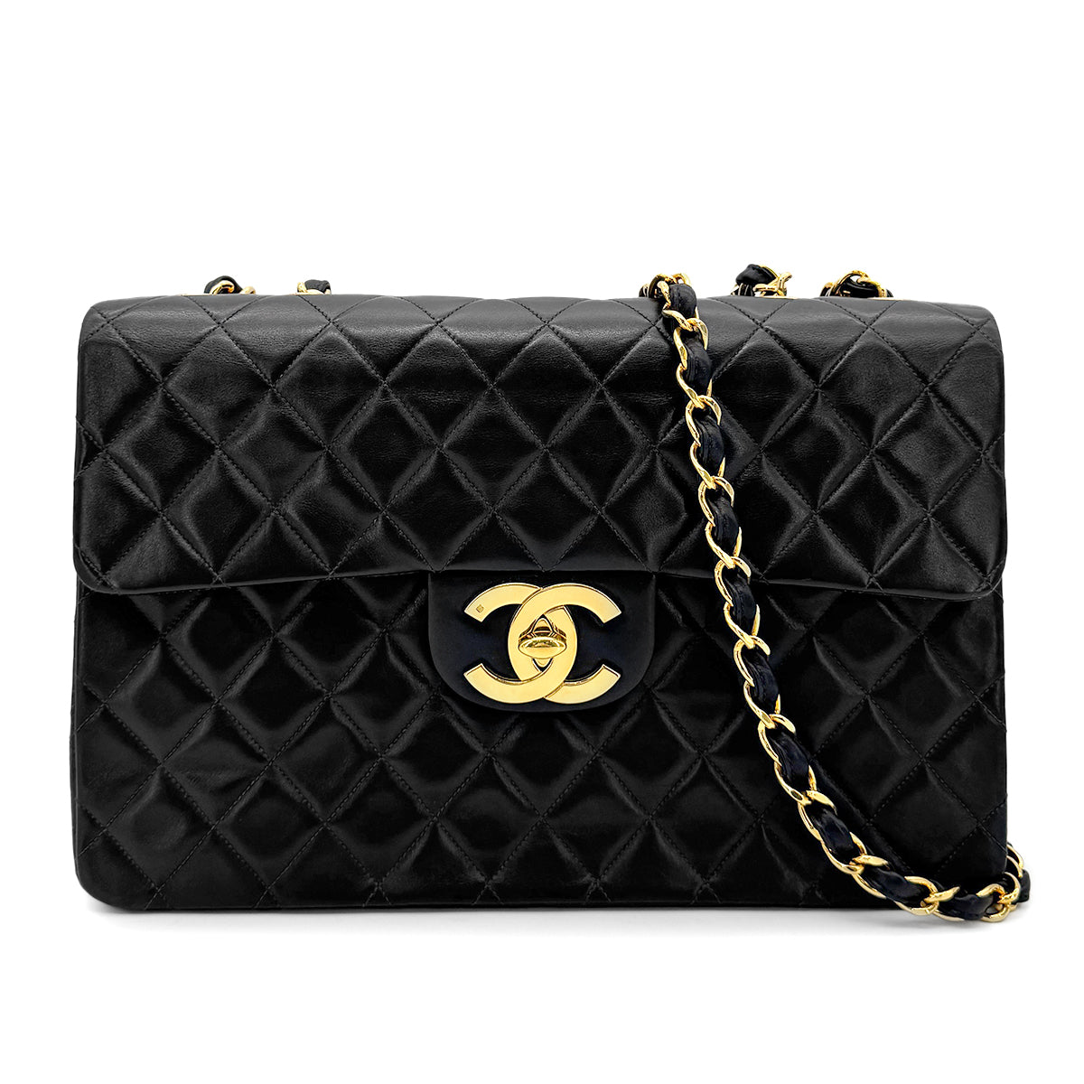 CHANEL VINTAGE MAXI MATELASSE 34 CHAIN SHOULDER BAG BLACK LAMB SKIN 90277078