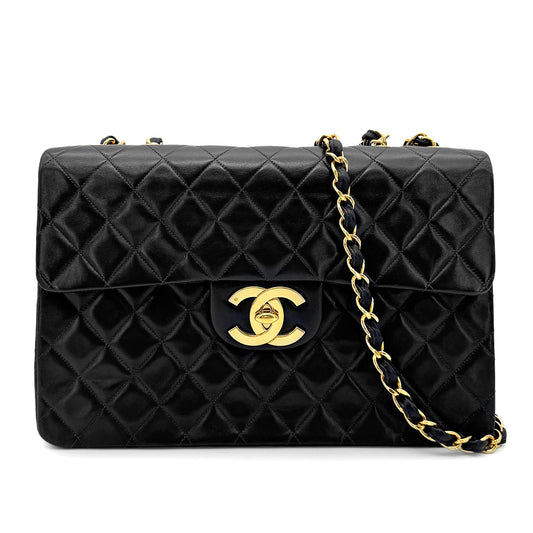 CHANEL VINTAGE MAXI MATELASSE 34 CHAIN SHOULDER BAG BLACK LAMB SKIN 90277078