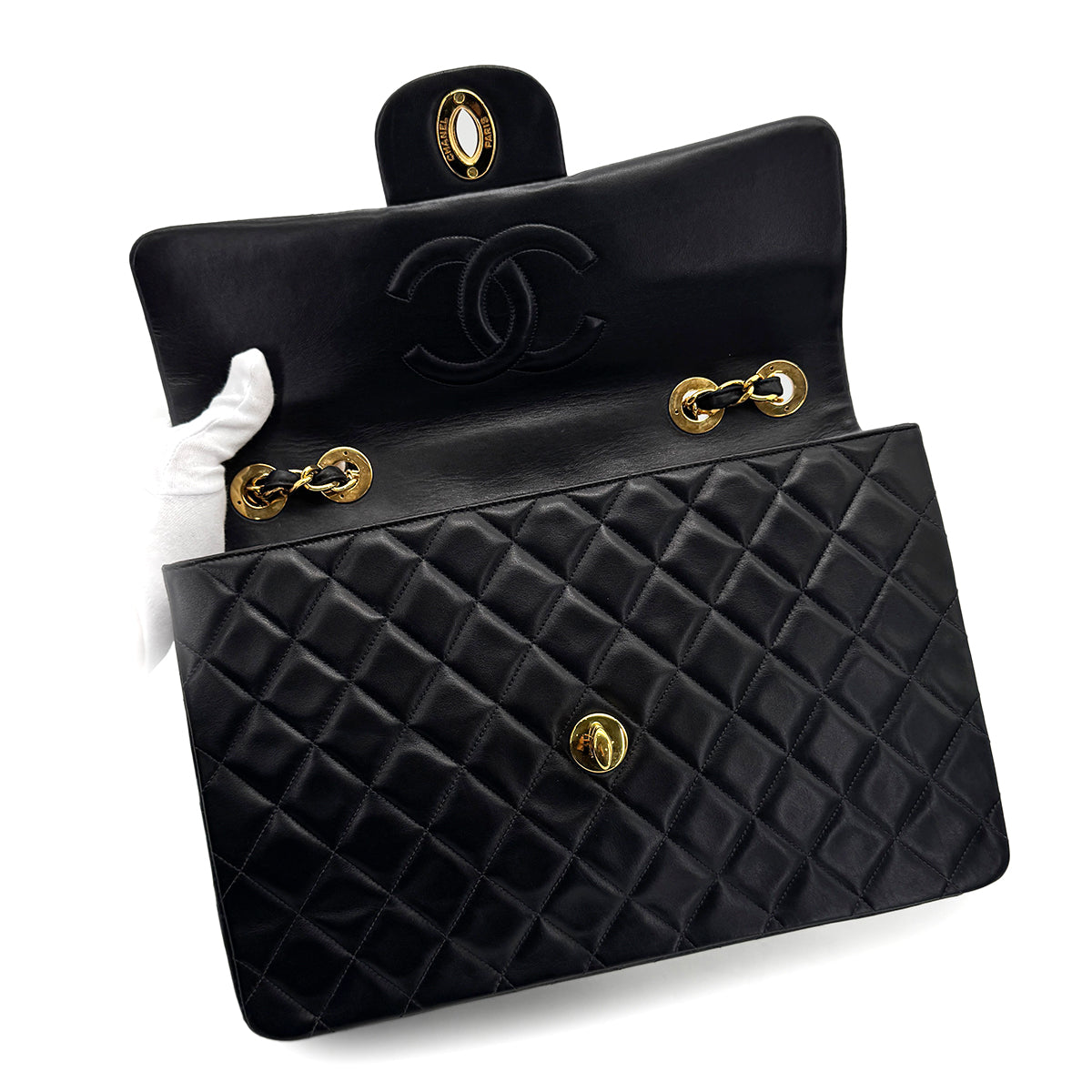 CHANEL VINTAGE MAXI MATELASSE 34 CHAIN SHOULDER BAG BLACK LAMB SKIN 90277078