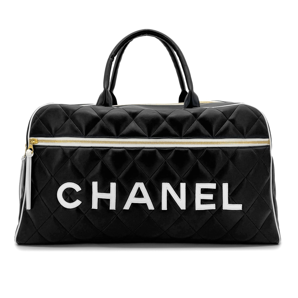 CHANEL VINTAGE LOGO BOWLING HAND BAG BLACK WHITE LEATHER 90277079