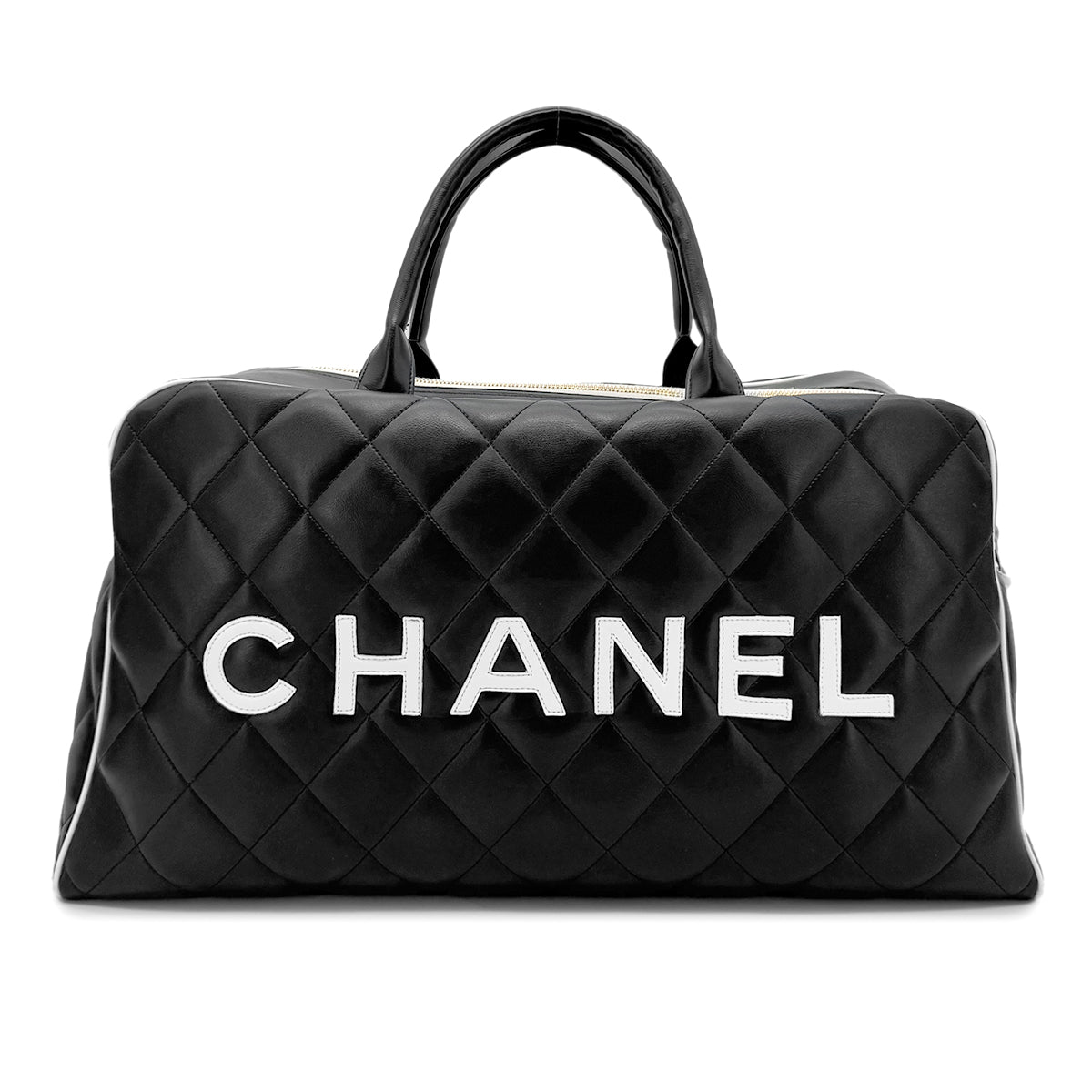 CHANEL VINTAGE LOGO BOWLING HAND BAG BLACK WHITE LEATHER 90277079