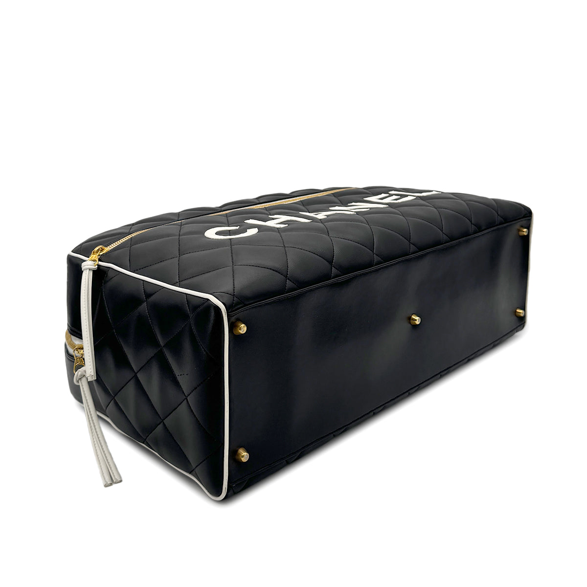 CHANEL VINTAGE LOGO BOWLING HAND BAG BLACK WHITE LEATHER 90277079