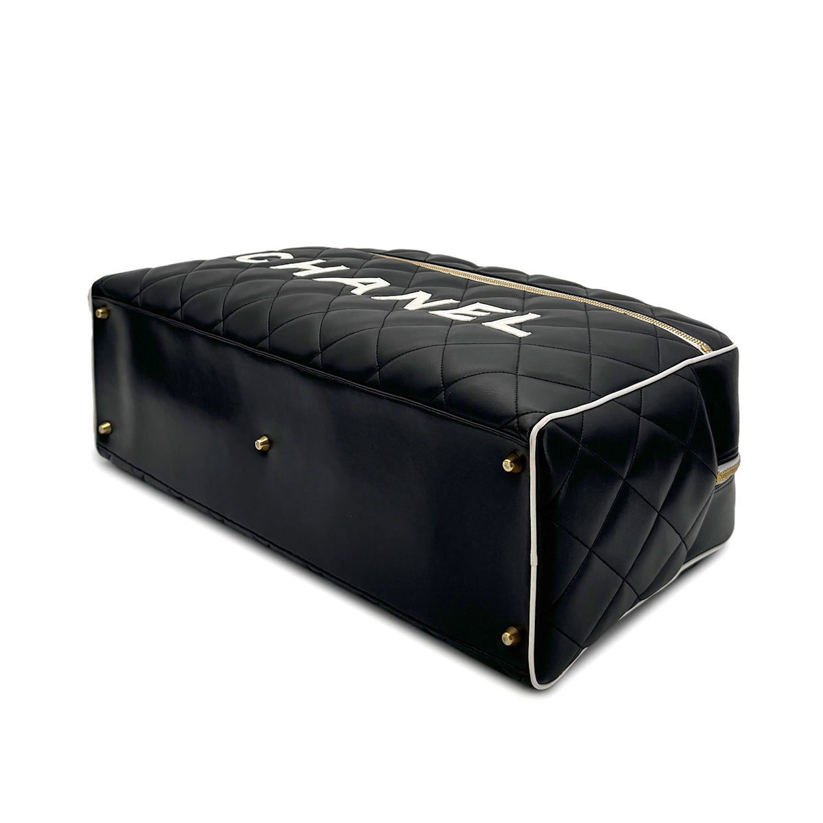 CHANEL VINTAGE LOGO BOWLING HAND BAG BLACK WHITE LEATHER 90277079