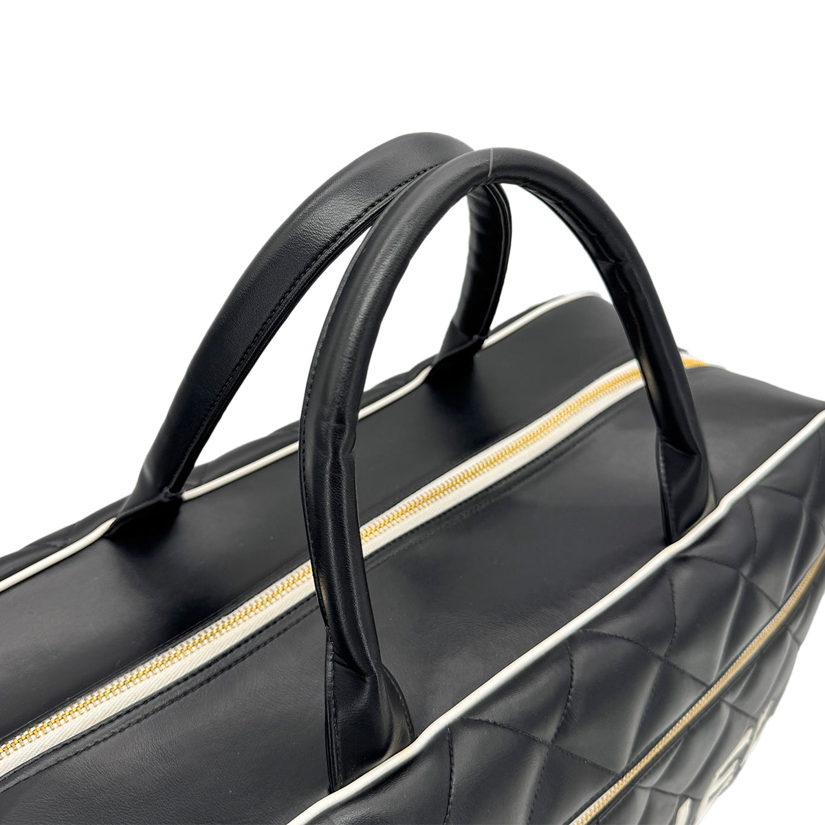 CHANEL VINTAGE LOGO BOWLING HAND BAG BLACK WHITE LEATHER 90277079