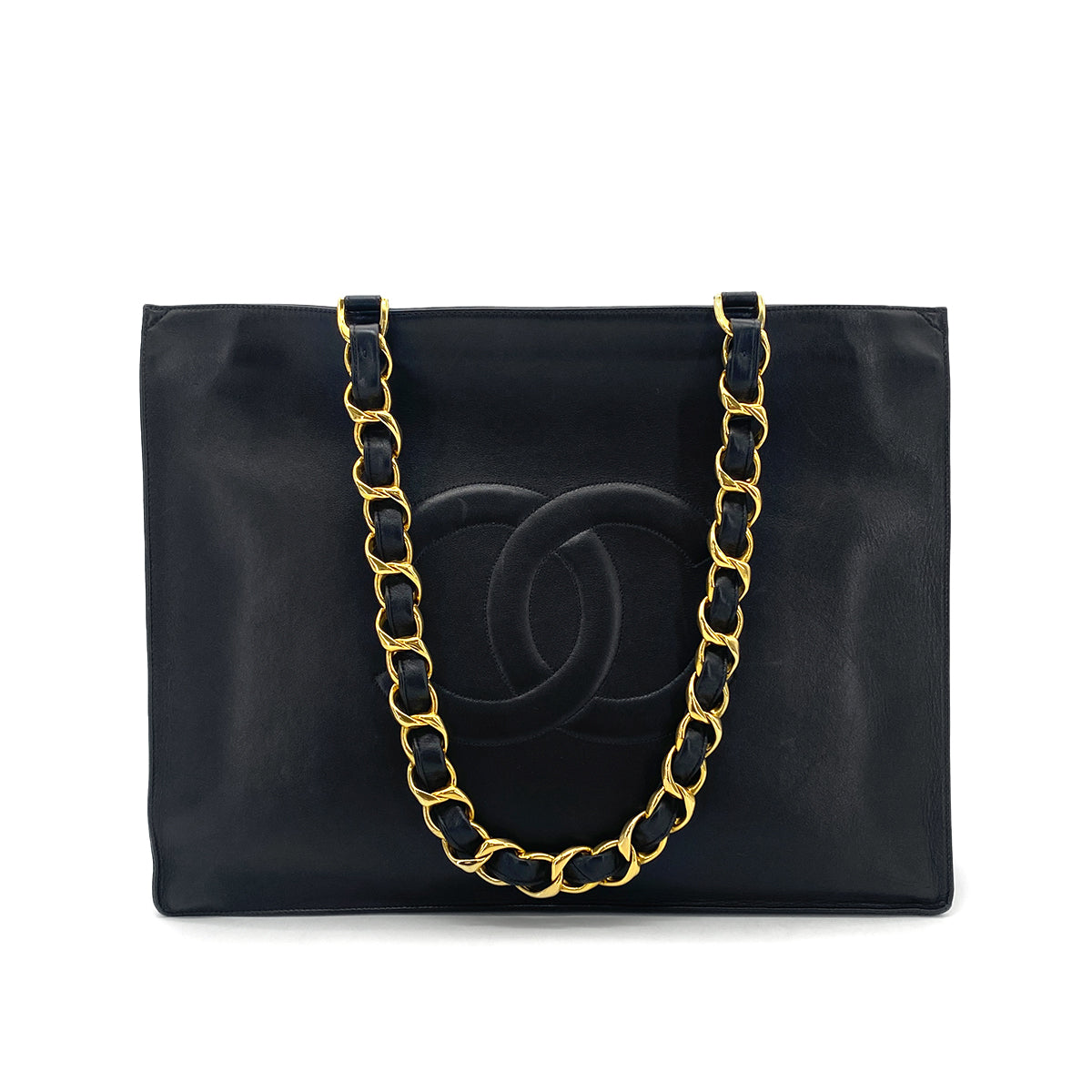 CHANEL VINTAGE BIG COCO CHAIN TOTE BAG BLACK LAMB SKIN 90277082