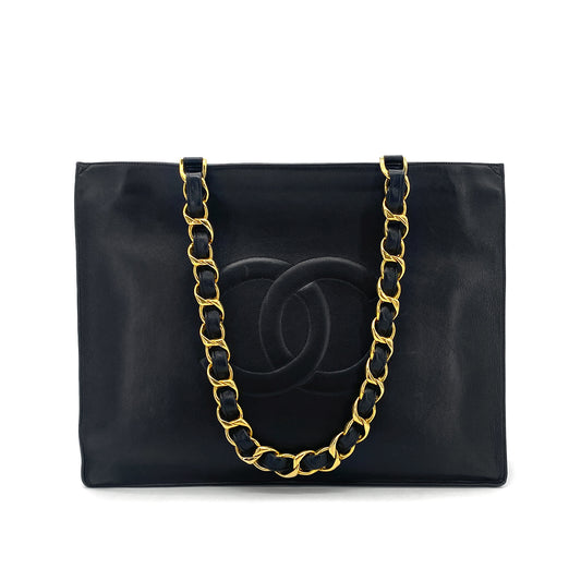 CHANEL VINTAGE BIG COCO CHAIN TOTE BAG BLACK LAMB SKIN 90277082