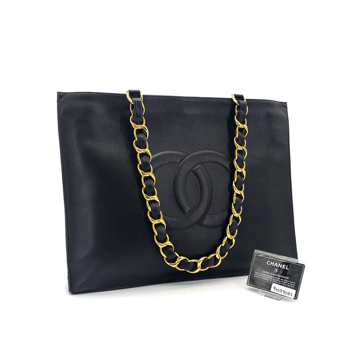 CHANEL VINTAGE BIG COCO CHAIN TOTE BAG BLACK LAMB SKIN 90277082