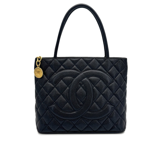 CHANEL VINTAGE MEDALLION TOTE BAG BLACK CAVIAR SKIN 90277083