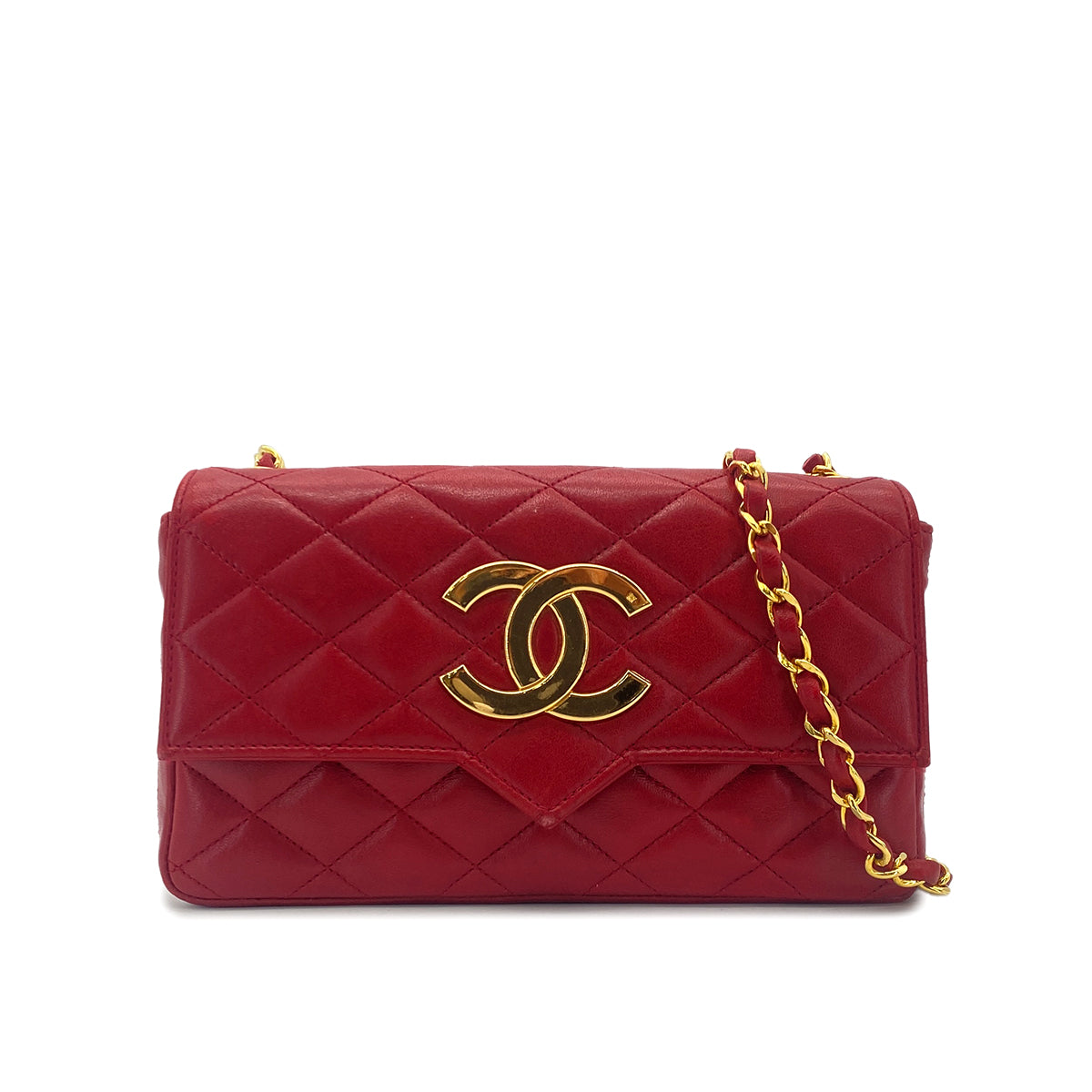 CHANEL VINTAGE MATELASSE BIG COCO CHAIN  SHOULDER BAG RED LAMB SKIN 90277087