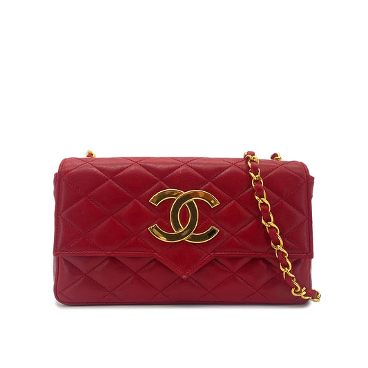 CHANEL VINTAGE MATELASSE BIG COCO CHAIN  SHOULDER BAG RED LAMB SKIN 90277087